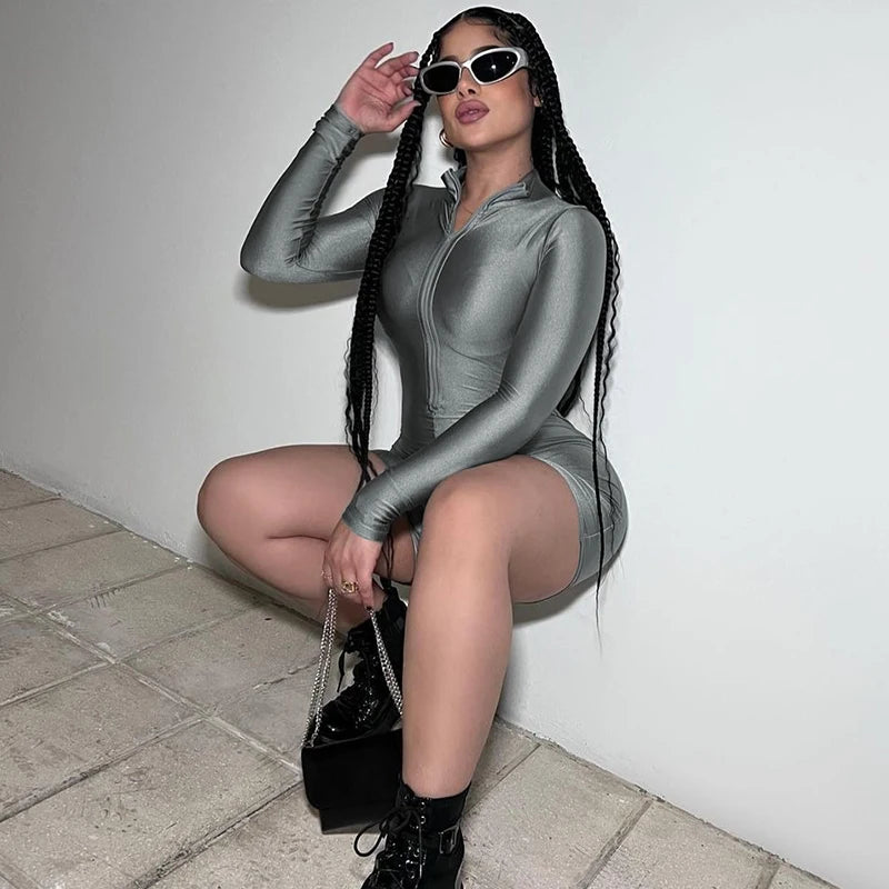 Hugcitar Solid Turtleneck Long Sleeve Zip Up Sexy Slim Skinny One Piece Playsuit 2024 Fall Women Fashion Streetwear Party Romper