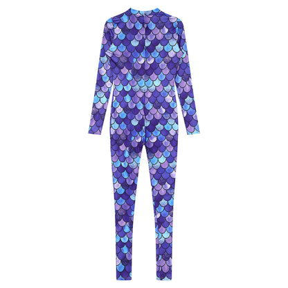 Womens Rash Guard One Piece Swimsuit Mermaid Fish Scale Print Long Sleeve Back Zipper Full Body Tops Sexy Swimwear Jumpsuit