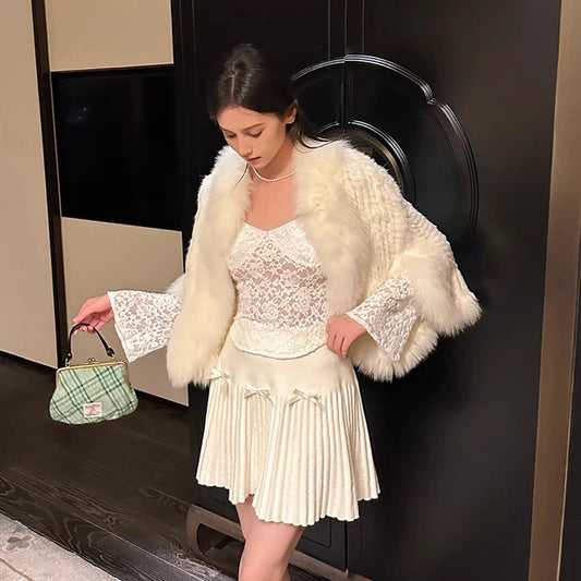 Rabbit Fur Knitted Cape Fox Fur Collar Shawl Autumn Winter Warm Genuine Rabbit Fur Pashmina Women's Rabbit Fur Top Cat Poncho