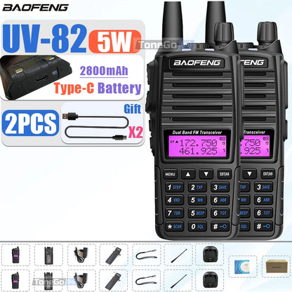 1/2Pcs Baofeng UV-82 Walkie Talkie 5/8W Tri-Power FM Radio Type-C Charger Dual PTT Dual Band VHF/UHF Two Way Camouflage For Hunt