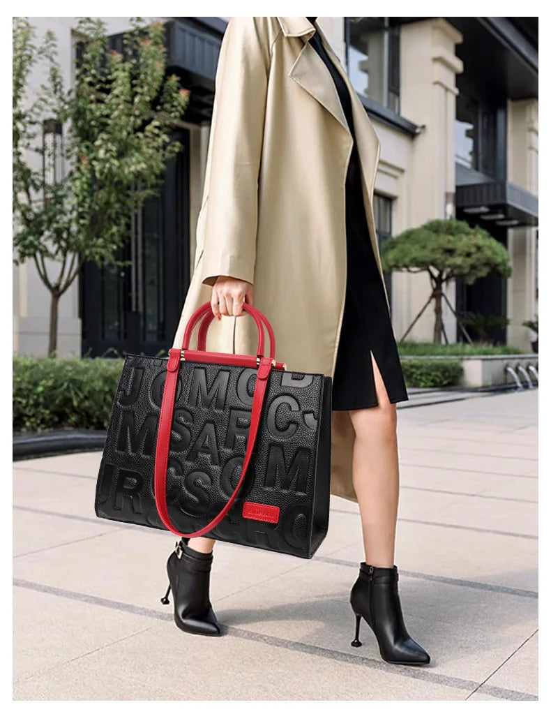 2026 New Large Capacity Contrast Letter Printed Women's Handbag High end Cowhide Mom's Bag
