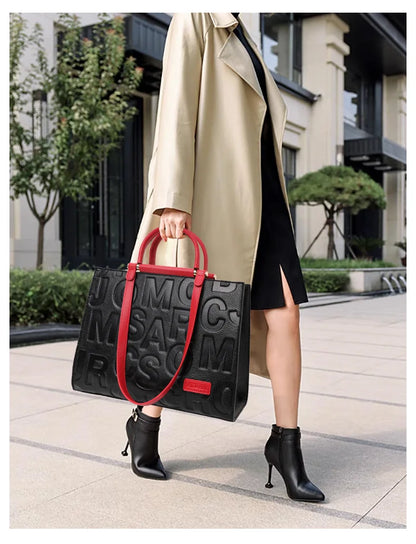 2026 New Large Capacity Contrast Letter Printed Women's Handbag High end Cowhide Mom's Bag