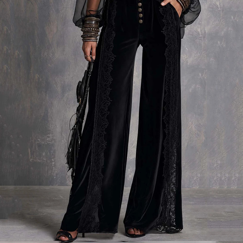 Women's Velvet Mesh Sheer Jumpsuit Gothic Sexy Deep V Neck Lace Trim Puff Sleeve High Waist Slim Straight Vintage Elegant Romper
