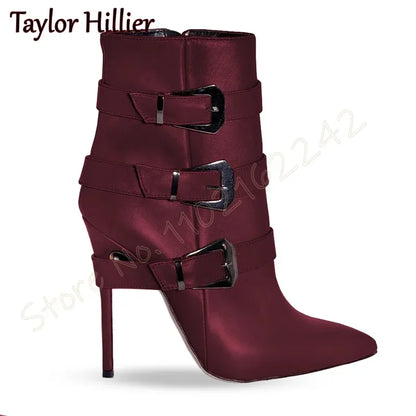Rose Red Suede Belt Buckle Short Boots Pointed Toe Stiletto Side Zipper Modern Boots Fashion Party Catwalk Luxury Short Boots 46