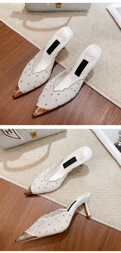 Luxury Rhinestones Mesh Lace Women Pumps Sandals Summer Elegant Pointed Toe 8cm Thin High Heels Mulse Sides  Fashion Party Shoes