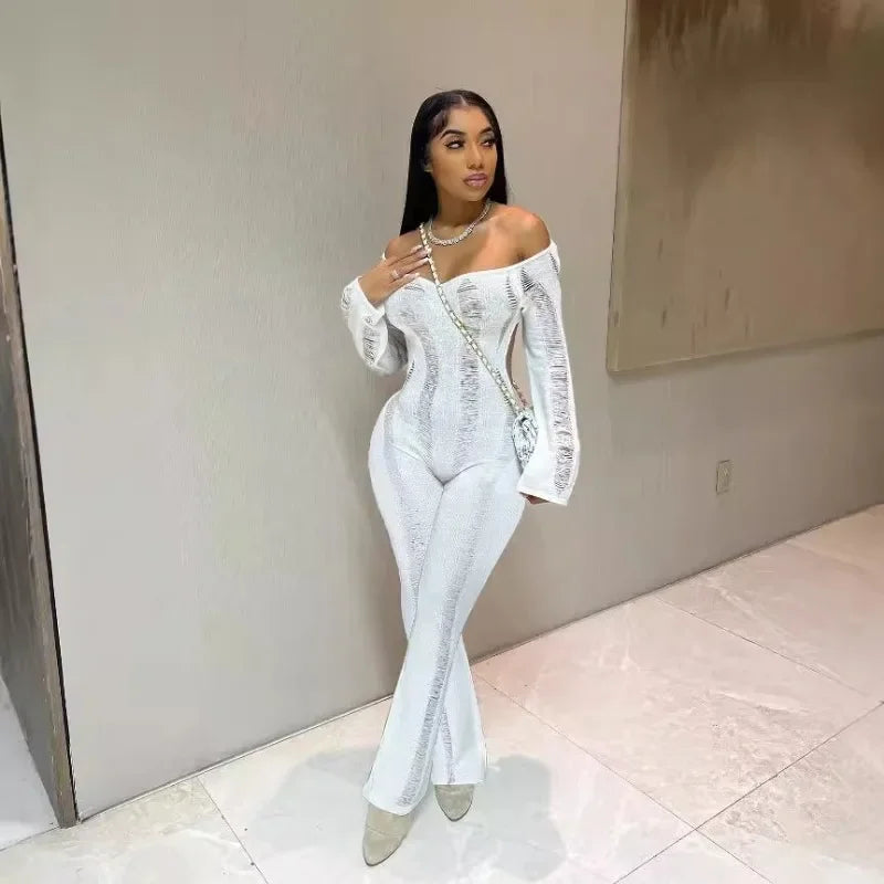 2024 Autumn Women Solid Knitted Jumpsuits Sexy Backless Hollow Off Shoulder Long Sleeve Stretch One Piece Overalls Casual Romper