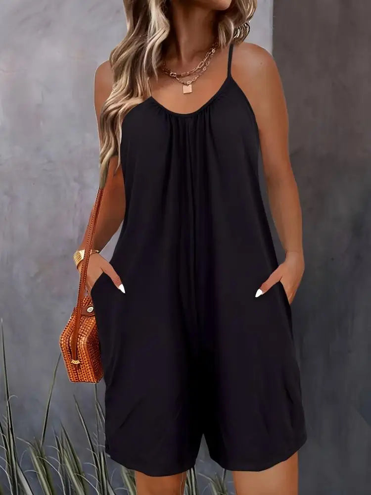 Solid Color Slim Fit V-Neck Jumpsuit with Suspender Loose Casual Fashion Shorts for Women
