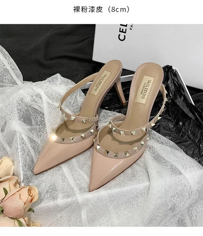 Heeled Sandals Summer Luxury Brand Rivets Women Slippers Fashion Leather Slingbacks Heels Slippers Designer Party Prom Shoes