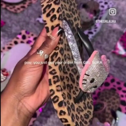 Hello Kitty Rhinestone Flip Flops Leopard Print Y2K Women Bling Non-Slip Summer Beach Casual Thong Sandals Indoor Outdoor