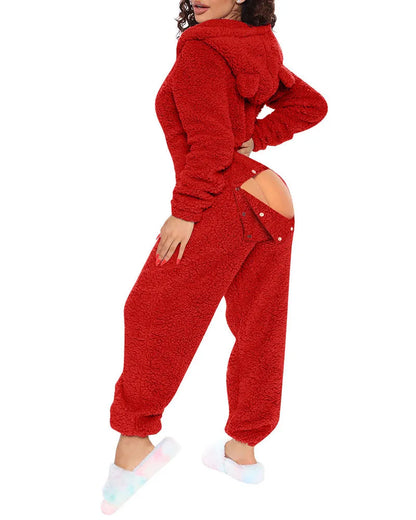 2025 New Sexy Onesies for Women Plush Hooded Bum Open Ass Flap Jumpsuit Thicken Pajamas Solid Long-Sleeve Zipper Sleepwear