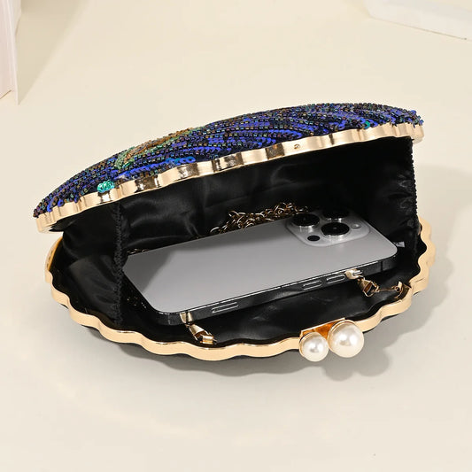 Shell Shape Women's Clutch Bag Sequin Purses and Handbags Luxury Designer Retro Embroidery Evening Bag Female Party Handbag