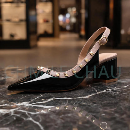 【Measure Your Feet Length Before Order】Rivets Back Strap Luxury Designer Women Elegant Sandals Block High Heel Shoes 121-CHC-33