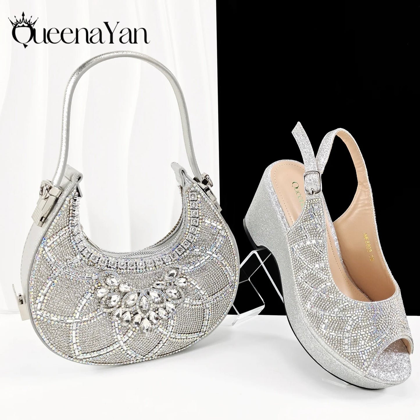 Queena Yan Sky Blue Elegant Nigerian Rhinestone Wedding Shoe and Bag Set Italian Inspired High Heels and Matching Handbag