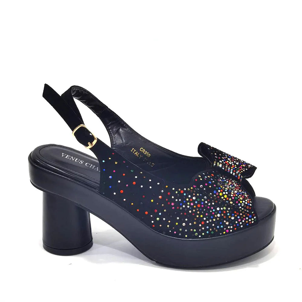 2024 Silver Fashion Square Heels with Platform African Women Shoes and Bag Set Full Crystal Pumps for Wedding Party