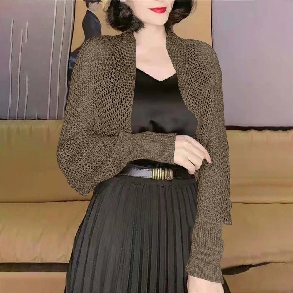 Womens Fashion Hollow Ice Silk Shawl Simple Elegant Thin Outerwear Coat Luxury Long Sleeve Smock Top