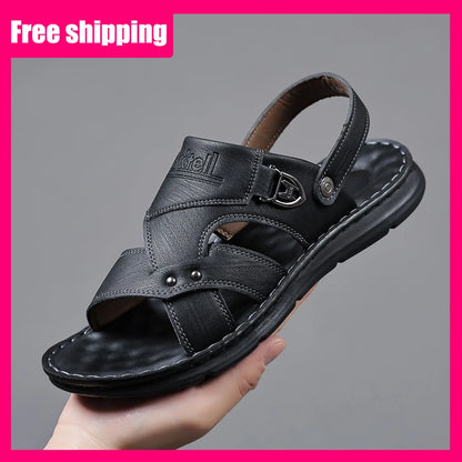 Mens Slippers 2026 New Summer Breathable Outdoor Non Slip Thick-soled Beach Shoes Leather Comfortable Casual Driving Sandals Man