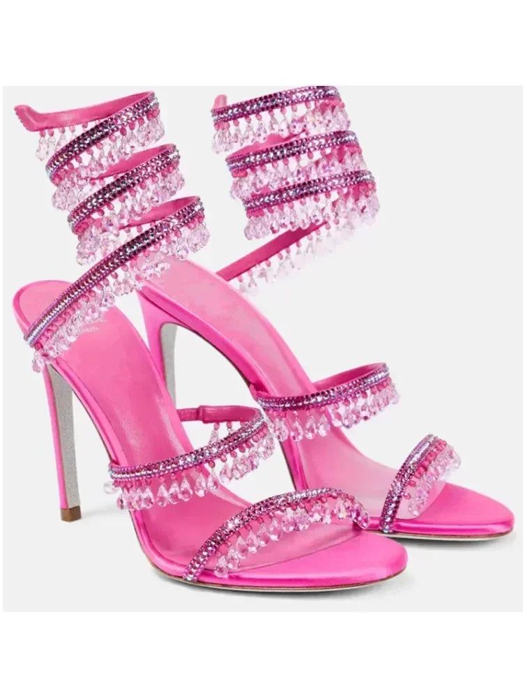 2026Women's New Water Diamond Sandals Fashion Tassel Crystal Shoes Sexy Banquet Party Twin Stiletto Women's Large Sandals