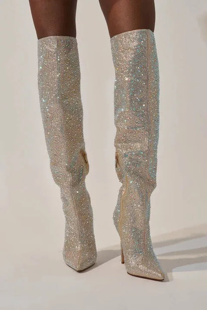 2026 New Glitter Heels Crystal Knee High Woman Long Boots Bling Rhinestone Knight Boots Sexy Pointed Toe Shinning Lady Boots