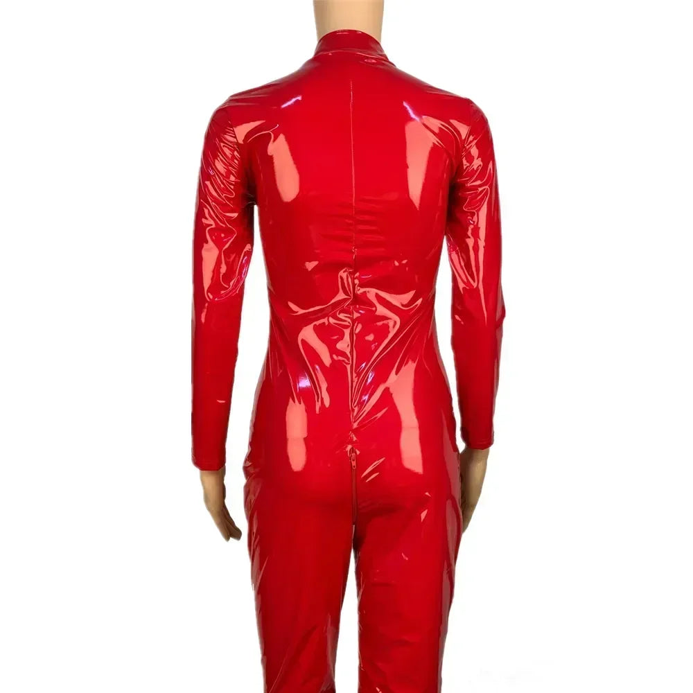 Women's Wet Look PU Leather Jumpsuit Suit Long Sleeve Zipper Open Crotch Shiny Latex Bodysuit Clubwear Plus Size