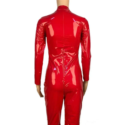 Women's Wet Look PU Leather Jumpsuit Suit Long Sleeve Zipper Open Crotch Shiny Latex Bodysuit Clubwear Plus Size