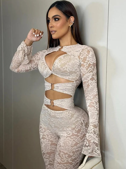Nibber See Through Jumpsuits Woman Metal Rings Patchwork Hollow Design Sexy Full Sleeve Midnight Club Party Wild Style Overalls