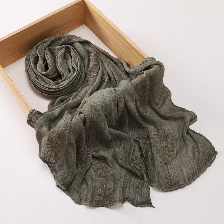 Vintage Crinkle Embroidery Hijab Textured Fabric Muslim Shawl Headscarf Soft Breathable Islamic Women Head Wrap Scarf