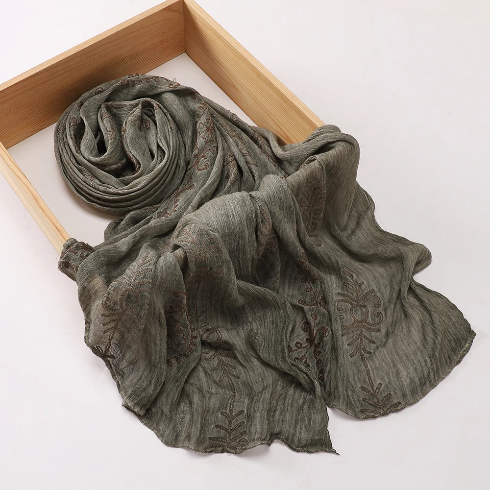 Vintage Crinkle Embroidery Hijab Textured Fabric Muslim Shawl Headscarf Soft Breathable Islamic Women Head Wrap Scarf