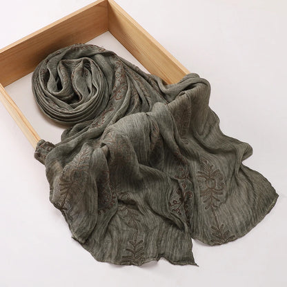 Vintage Crinkle Embroidery Hijab Textured Fabric Muslim Shawl Headscarf Soft Breathable Islamic Women Head Wrap Scarf