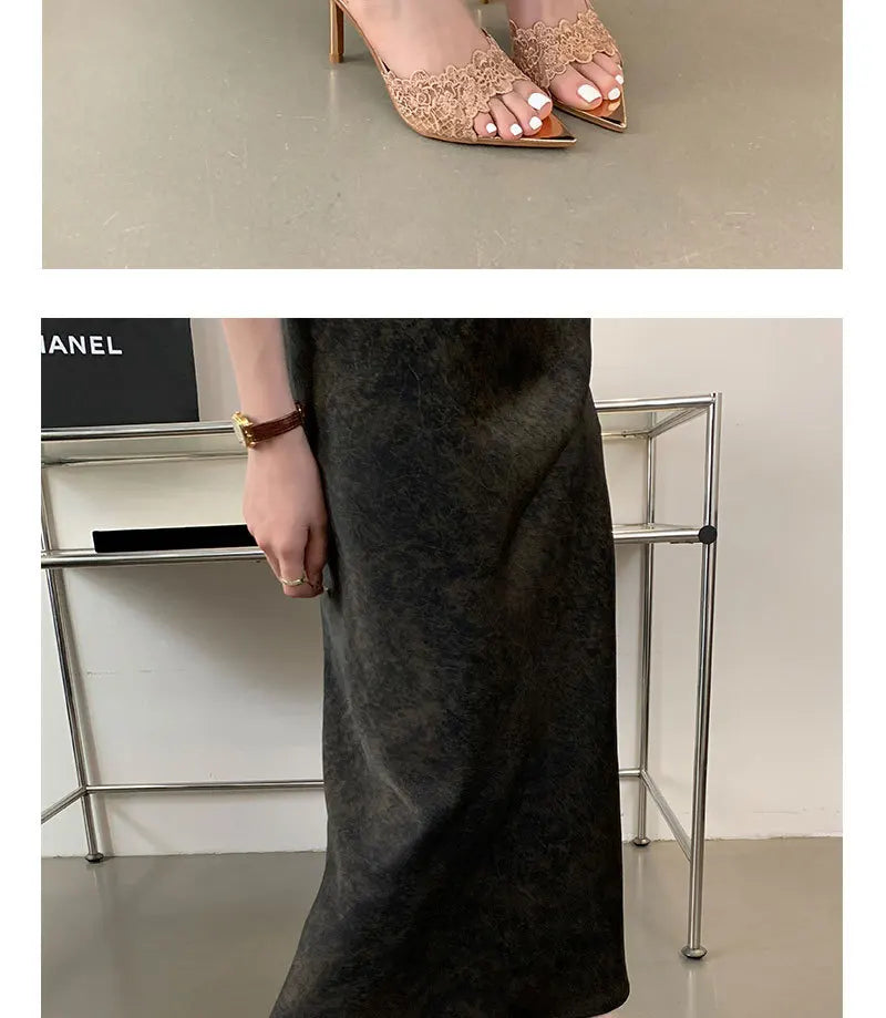 Luxury Lace Crochet Mule Slipper Woman Brand Design Point Toe High Heel Slide Sandal Ladies Elegant Evening Party Stiletto Shoes