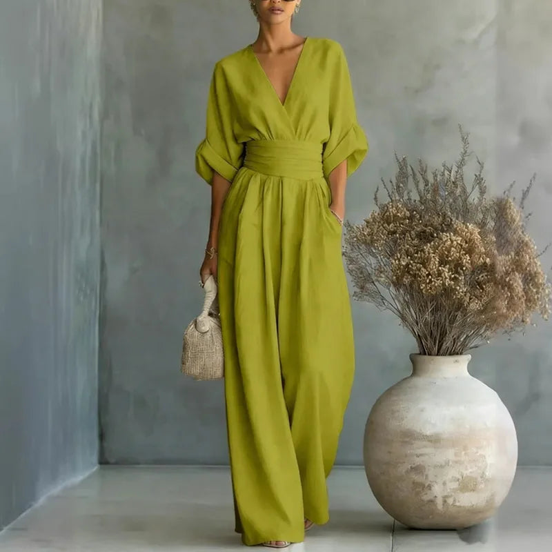 2026 Women V Neck Waist Wide Leg Jumpsuit Casual Elegant Summer One Piece