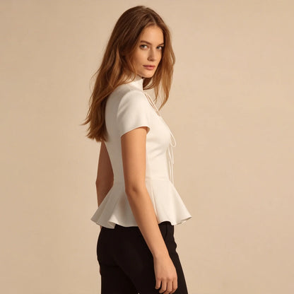 LIMO Elegant White Lace Up Peplum Top, Mandarin Collar Cutout Blouse, Women's Y2K Party Clubwear