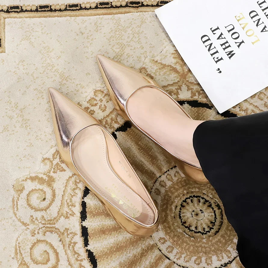Women Comfortable 3.5cm High Heels Shallow Pointed Toe Work Pumps Lady Glossy Leather Low Heels 2024 Luxury Brand Designer Shoes