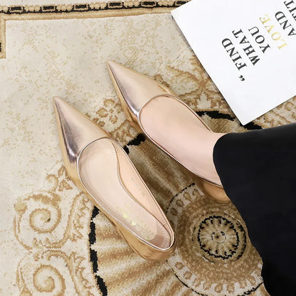 Women Comfortable 3.5cm High Heels Shallow Pointed Toe Work Pumps Lady Glossy Leather Low Heels 2024 Luxury Brand Designer Shoes