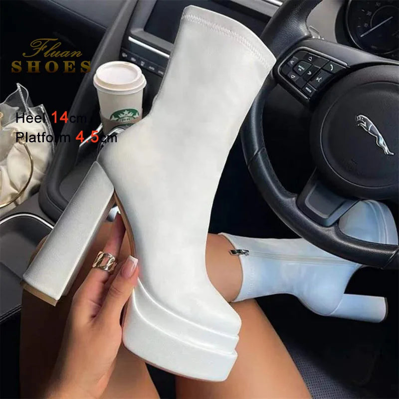 Foreign Trade Women's Shoes Fashion Super High Heels Platform Short Boots New Chunky Heel Mid-calf Boots Casual Ankle Boots CD