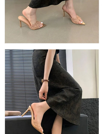 Luxury Lace Crochet Mule Slipper Woman Brand Design Point Toe High Heel Slide Sandal Ladies Elegant Evening Party Stiletto Shoes