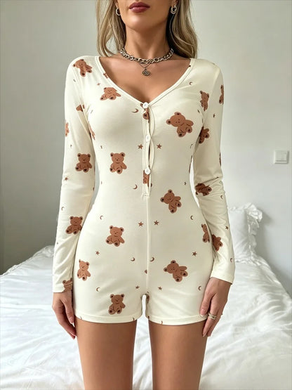 Summer Casual Little Bear Print Bodysuit Women's Sexy Onesies Pajamas Sleepwear V-neck Front Button Long Sleeve Jumpsuit
