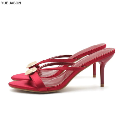 Red Satin Sexy Thin Heel Slippers Women Metal Buckle Open Toe Slides Ladies Concise Black Luxury Brand High Heels Dress Shoes