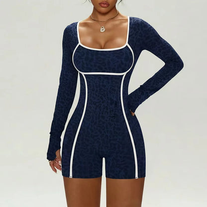 Women's Leopard Print Jumpsuit, Sexy One-Piece Long-Sleeve Bodysuit, Short Jumpsuit for Yoga & Gym, Black Streetwear