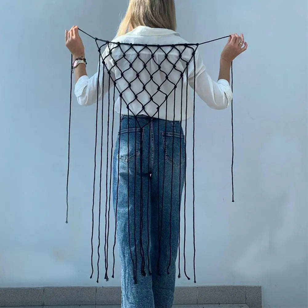 Bohemian Netted Fringe Scarf Handwoven Bikini Women Mid Waist Skirt Ethnic Design Mesh Tassel Waistband Decorative Butt Curtain