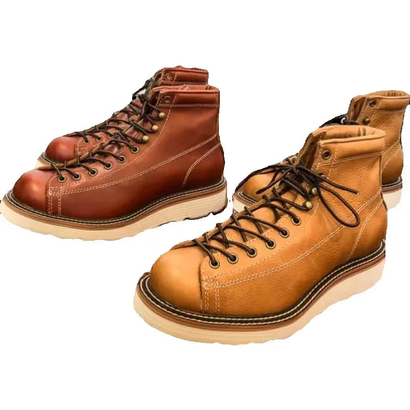 U6796 Men Retro Tough Motorcycle Ankle Boots Goodyear Welt Durable Full Leather Outdoor Work Boot