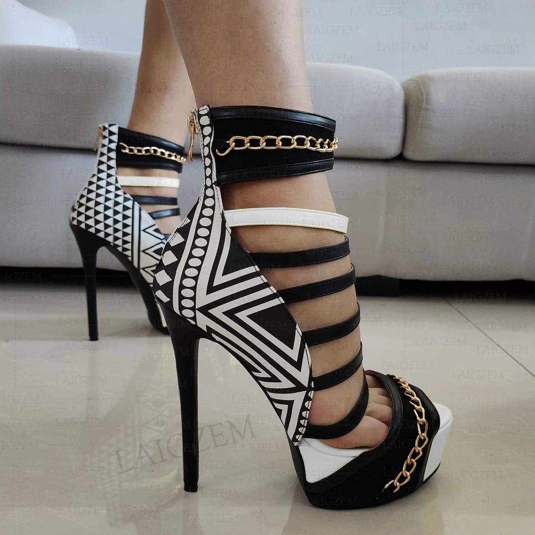 LAIGZEM Women Platform Sandals Back Zip Stiletto High Heels Pumps Multi Colors Prom Ladies Shoes Woman Big Size 41 43 44 46 52