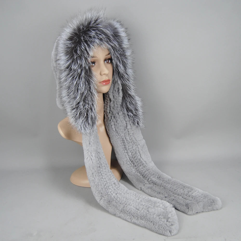Lady Warm Fluffy Real Rex Rabbit Fur Hat Scarf Luxury Knit Fur Caps Muffler Winter Thick Women 100% Natural Fox Fur Hat Scarves
