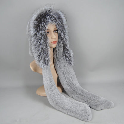 Lady Warm Fluffy Real Rex Rabbit Fur Hat Scarf Luxury Knit Fur Caps Muffler Winter Thick Women 100% Natural Fox Fur Hat Scarves