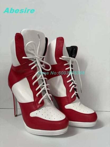 Mixed-Color Air Mesh Cross-Tied Ankle Boots Round Toe Thin Heels Platform Shoes for Women Casual Concise Daily Comfortable Shoes