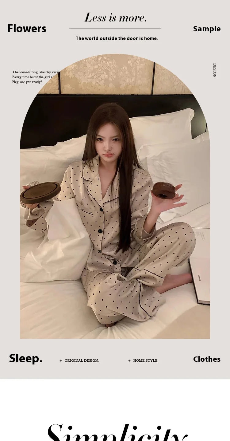 French High Sense of Sleepwear Women Spring and Fall New Simple Polka Dot Long-Sleeved Long Pants Ice Silk Homewear Fashion Suit