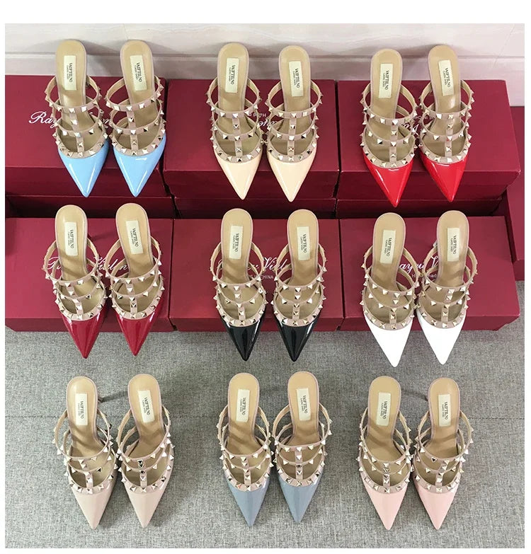 Women's sandals luxury Brand Shoes Woman 2025 trend Ankle Strap Summer Rivets High Heels Slippers Design Pointed Toe Sexy party