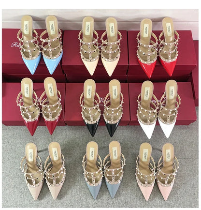 Women's sandals luxury Brand Shoes Woman 2025 trend Ankle Strap Summer Rivets High Heels Slippers Design Pointed Toe Sexy party