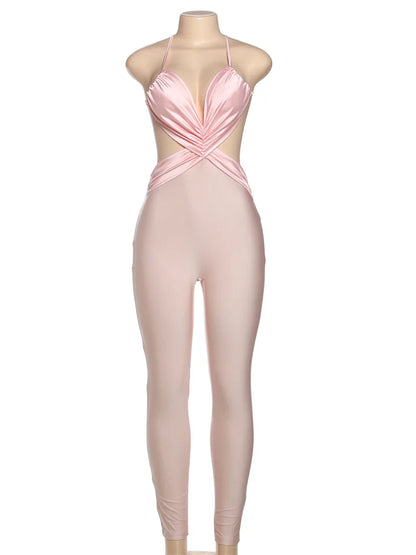 kliou Cross Pleated Women Jumpsuits Sexy Stunning Bandage Backless Silky Skinny Overalls Female Summer Party Clubwear One Piece