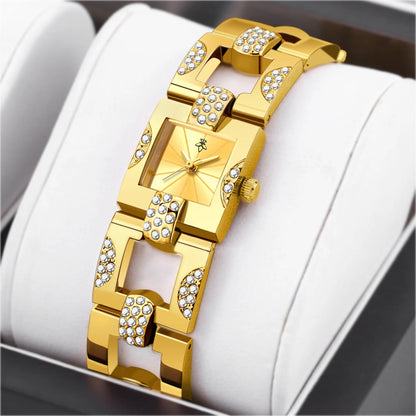 YaLaLuSi Ladies’ Openwork Niche Square Diamond-Set Bracelet Quartz Watch with Geometric Steel Strap – Affordable Luxury