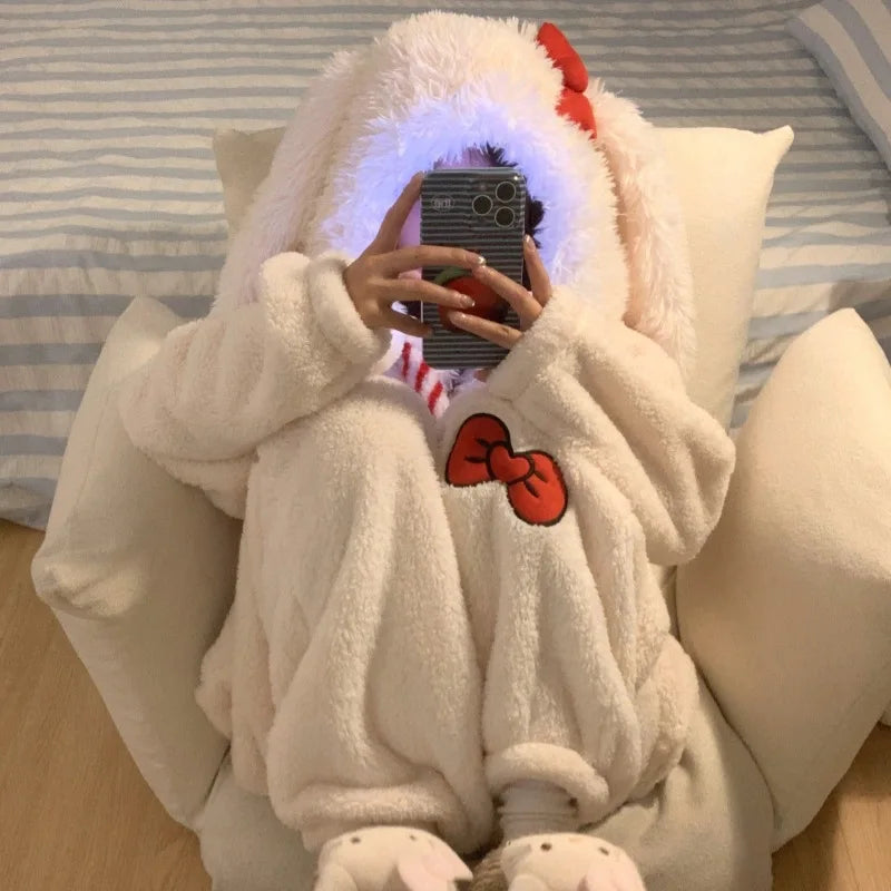 Sweet and Cute Bow Rabbit One-piece Pajamas Women's Winter New Fleece Thickened Coral Fleece Large Size Loungewear Sleepwear